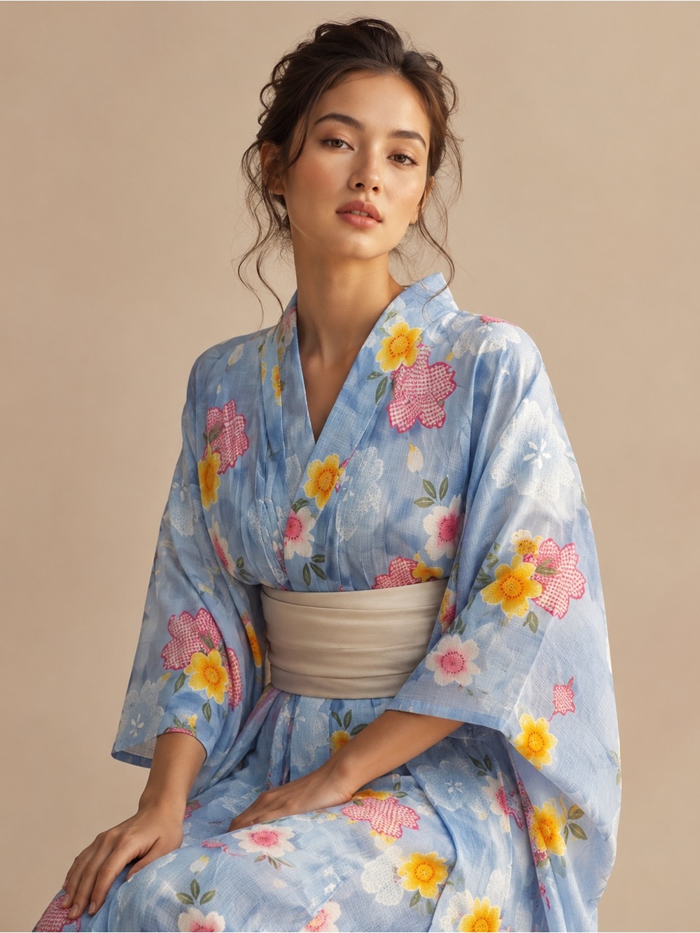 Light Blue Floral Kimono Robe